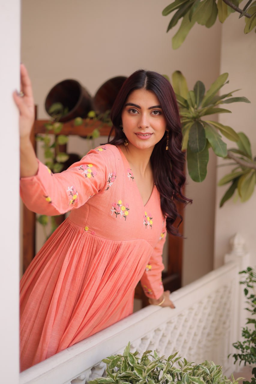 Banjara India Premium Cotton Embroidered Kurti Pant Set for Women-Peach