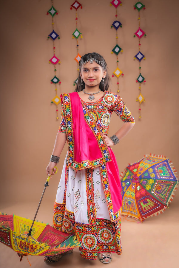 Banjara India Festive Wear Kutchwork Embroidered Girls Lehenga Choli Set with Dupatta (CC-SCKK) - White