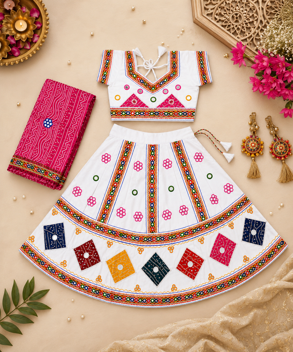 Banjara India Kutchi Embroidered Girls Chaniya Choli with Dupatta (CC-CHN) - White
