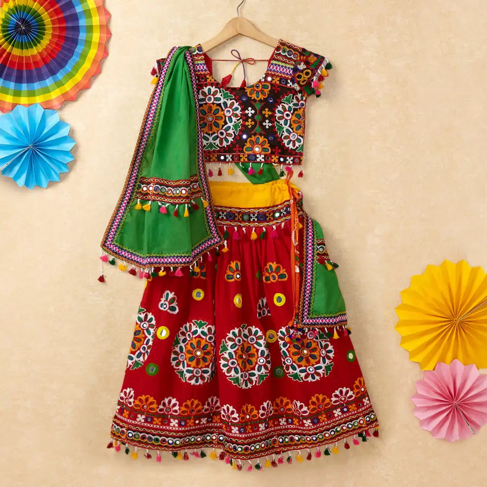 Banjara India Kutchi Emboidered Red Girls Chaniya Choli with Dupatta