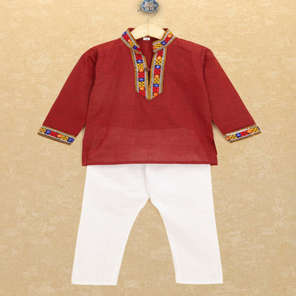 Kutchi Emboidered Kurta Pajama for Boys - Maroon