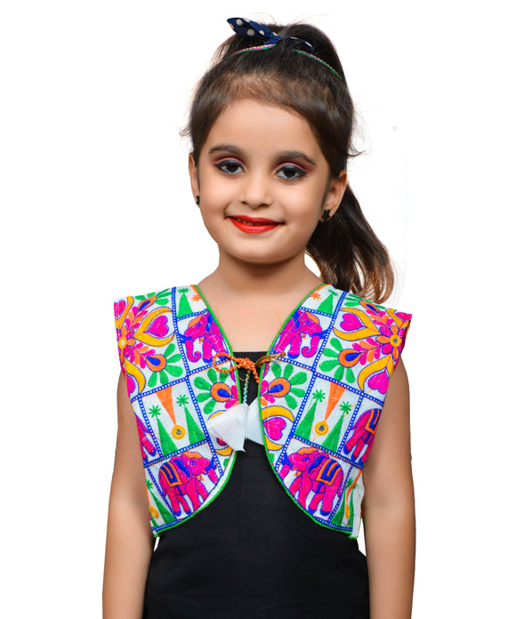 White Haathi Embroidered Jacket For Kids