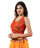 Embroidered Multicoloured Kutch Work Sleeveless Halter Blouse-Red