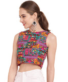 Banjara India Women's Cotton Blend Kutchi Embroidered Boat Neck Zipper Sleeveless Blouse