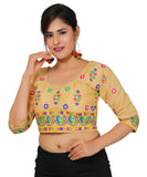 Dupion Silk Multicoloured Aari Embroidered Half Sleeves Kutchi Blouse-Biege