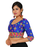 Dupion Silk Multicoloured Aari Embroidered Half Sleeves Kutchi Blouse-Blue