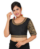 Dupion Silk Sleeves Embroidered Half Sleeves Kutchi Blouse-Black