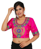 Dupion Silk Aari Embroidered Half Sleeves Kutchi Blouse-Pink