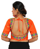 Dupion Silk Aari Embroidered Half Sleeves Kutchi Blouse-Orange