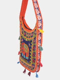 Banjara India Elephant Design Kutchi Mirrorwork Hand Embroidered Shoulder Bag (BAG-OrangeBlue)