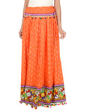 Bandhani Print & Kutchi Embroidered Border Rayon Skirt/Chaniya - BandhaniSkirt-Orange