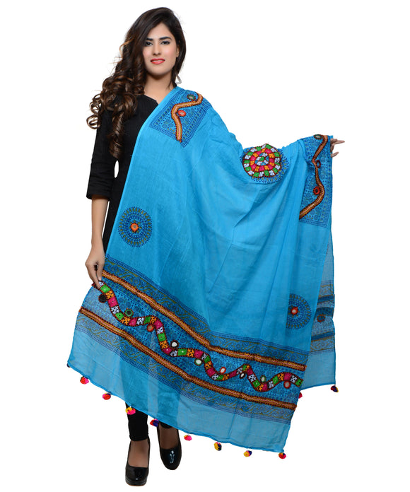 Banjara India Women's Pure Cotton Real Mirrorwork & Hand Embroidery Dupatta (Kuchi Lehriya) Turquoise - KCH13 - Banjara India