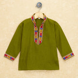 Kutchi Emboidered Kurta Pajama for Boys - Dark Green