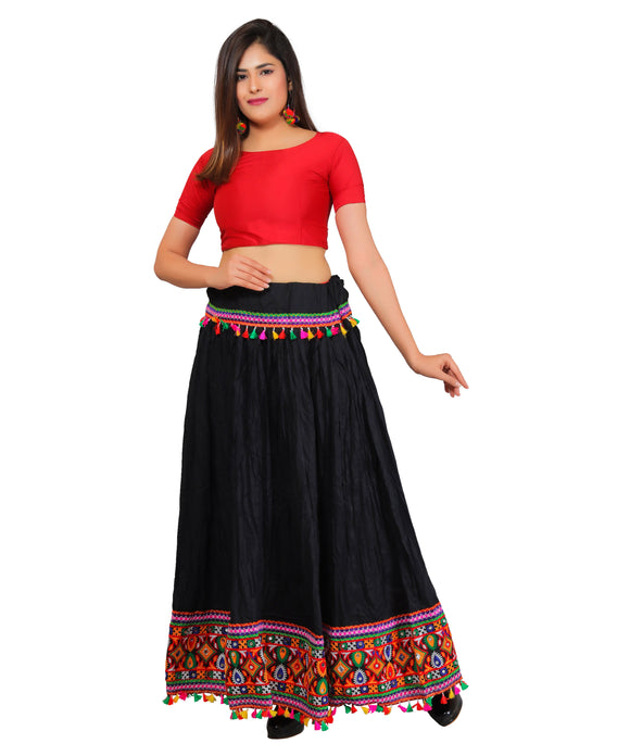 Kutchi Embroidered Border Rayon Skirt/Chaniya - KutchiSkirt-Black