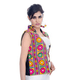 Banjara India Women's Dupion Silk Kutchi Embroidered Sleeveless Waist Length Jacket/Koti/Shrug (Bharchak) - MJK-BHK01 - Banjara India