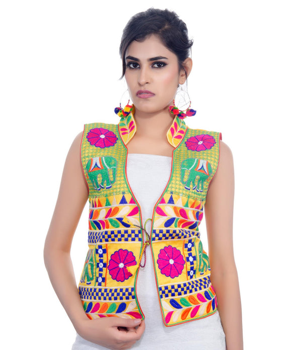 Banjara India Women's Dupion Silk Kutchi Embroidered Sleeveless Waist Length Jacket/Koti/Shrug (Haathi) - MJK-HTH05 - Banjara India