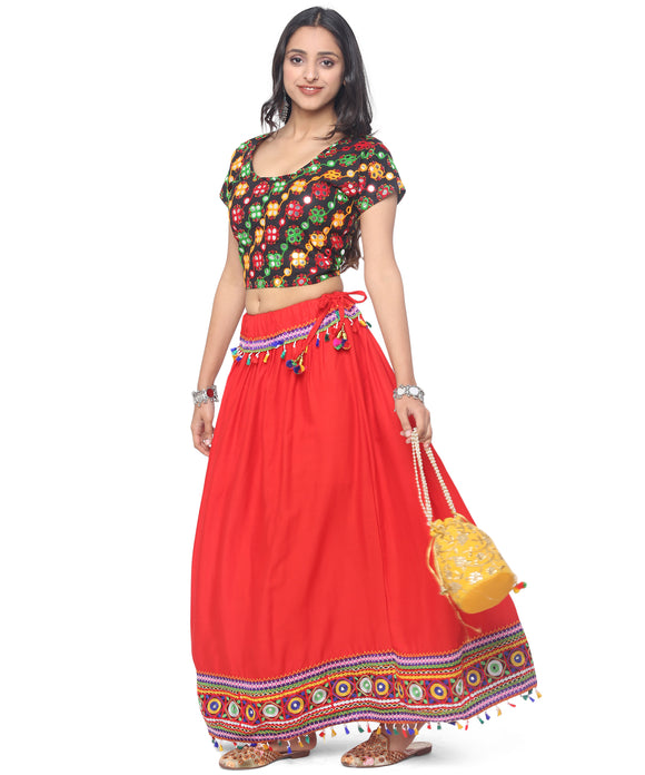Banjara India Kutchi Embroidered Border Rayon Skirt/Chaniya - SKR-1000-Red (2.2m)