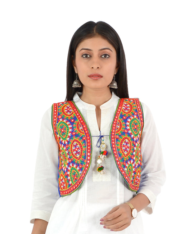 Banjara India Women’s Cotton Blend Kutchi Embroidered Sleeveless Short Ethnic Jacket/Koti (SSE-1001) – Blue - Banjara India