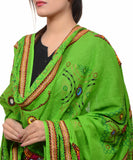 Banjara India Women's Pure Cotton Real Mirrorwork & Hand Embroidery Dupatta (Kutchi Trikon) Parrot Green - TKN06 - Banjara India