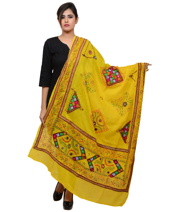 Banjara India Women's Pure Cotton Real Mirrorwork & Hand Embroidery Dupatta (Kutchi Trikon) Lemon Yellow - TKN08 - Banjara India