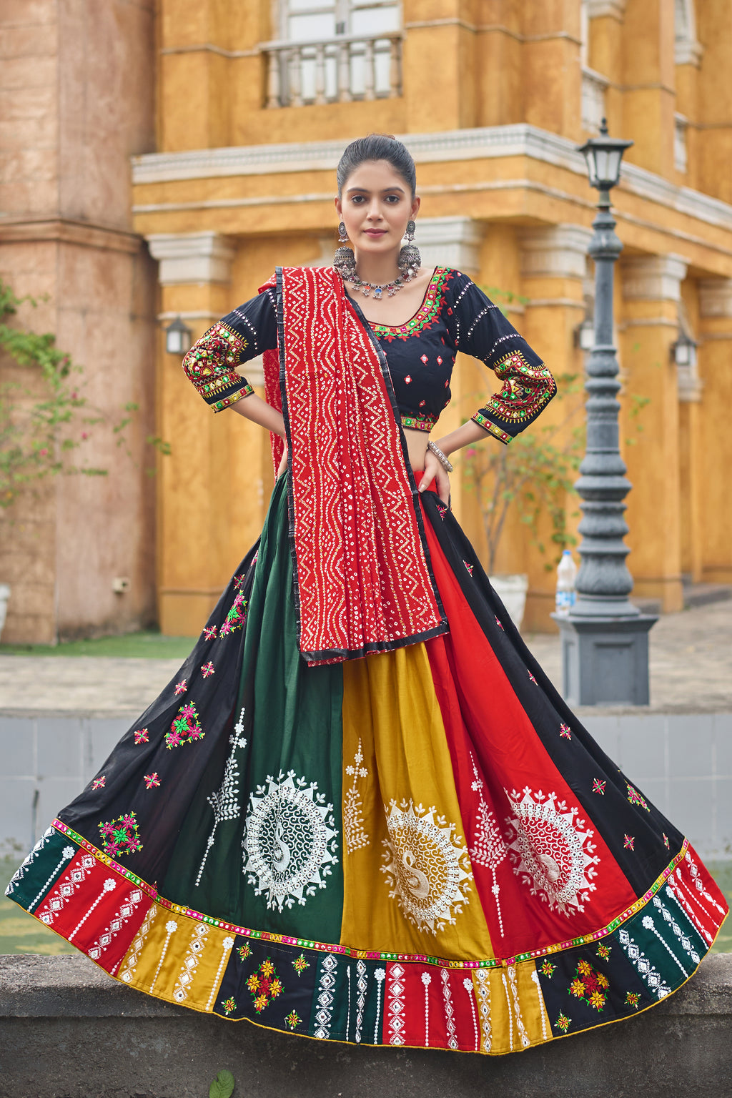 Banjara India Cotton Long Flair Aari Embroidery Kutch Work (Lehenga Choli) Chaniya Choli Set with Dupatta -FSCC-Fancy-Black