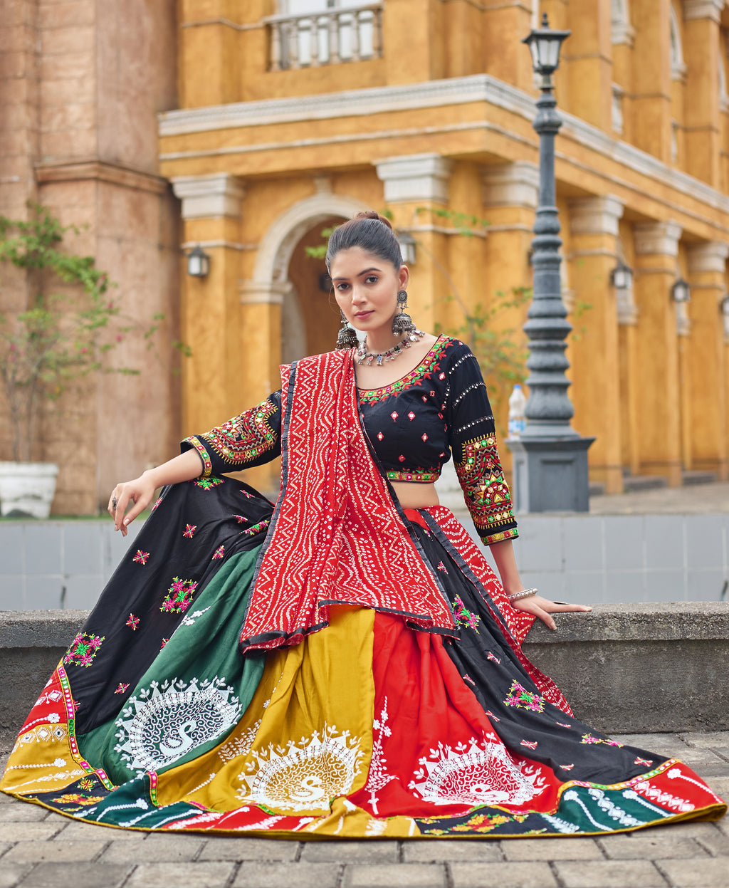 Banjara India Cotton Long Flair Aari Embroidery Kutch Work (Lehenga Choli) Chaniya Choli Set with Dupatta -FSCC-Fancy-Black