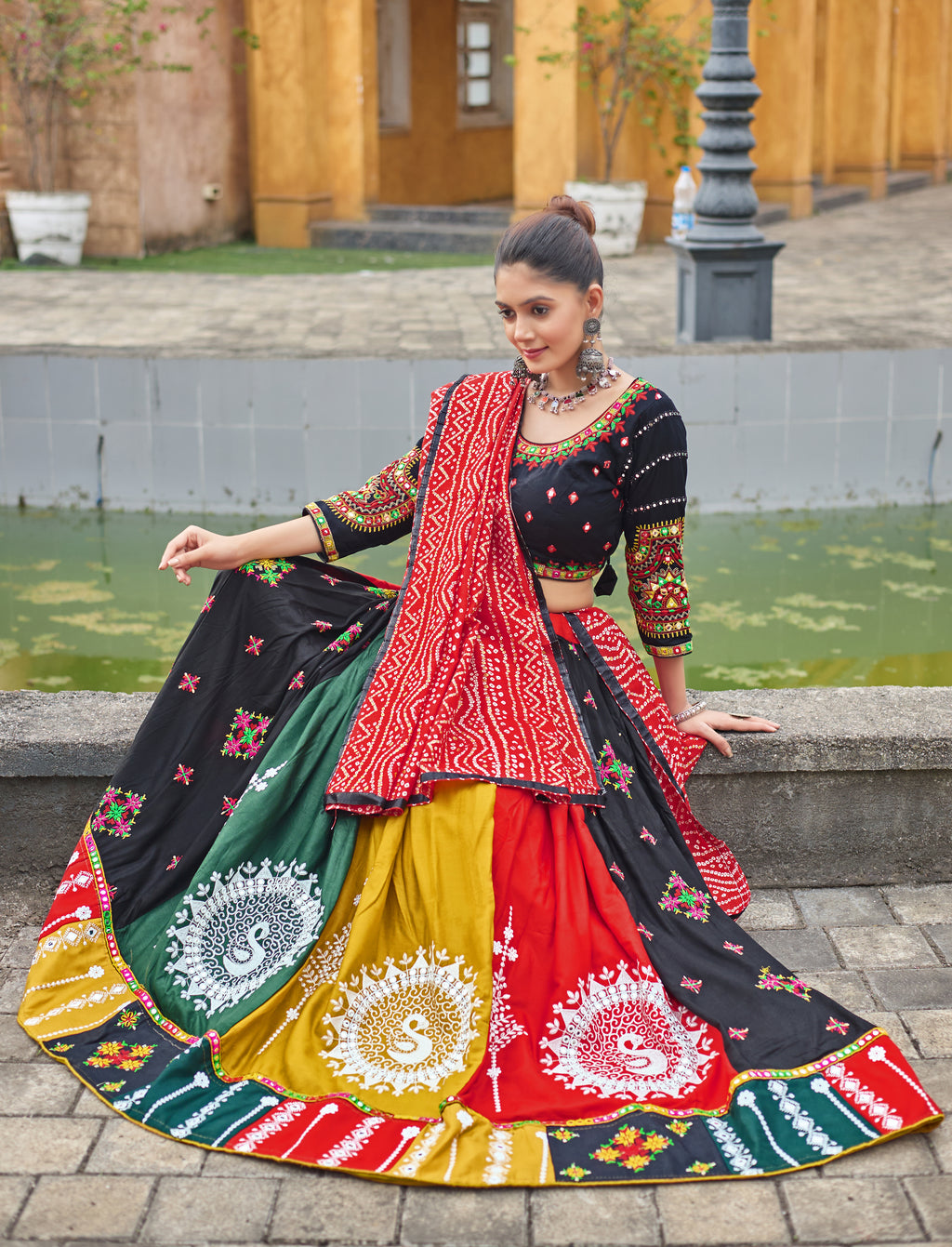 Banjara India Cotton Long Flair Aari Embroidery Kutch Work (Lehenga Choli) Chaniya Choli Set with Dupatta -FSCC-Fancy-Black