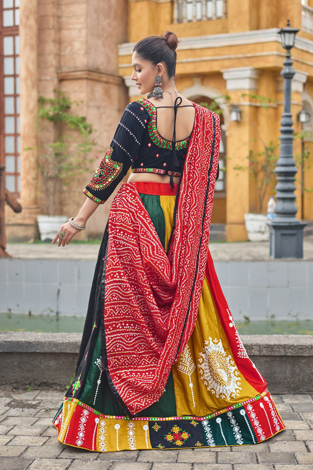 Banjara India Cotton Long Flair Aari Embroidery Kutch Work (Lehenga Choli) Chaniya Choli Set with Dupatta -FSCC-Fancy-Black