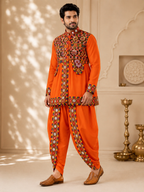 Banjara India Men’s Kutchi Embroidered Kediyu & Dhoti Set | Traditional Navratri Garba Outfit | Mirror Work Ethnic Wear Set-Orange