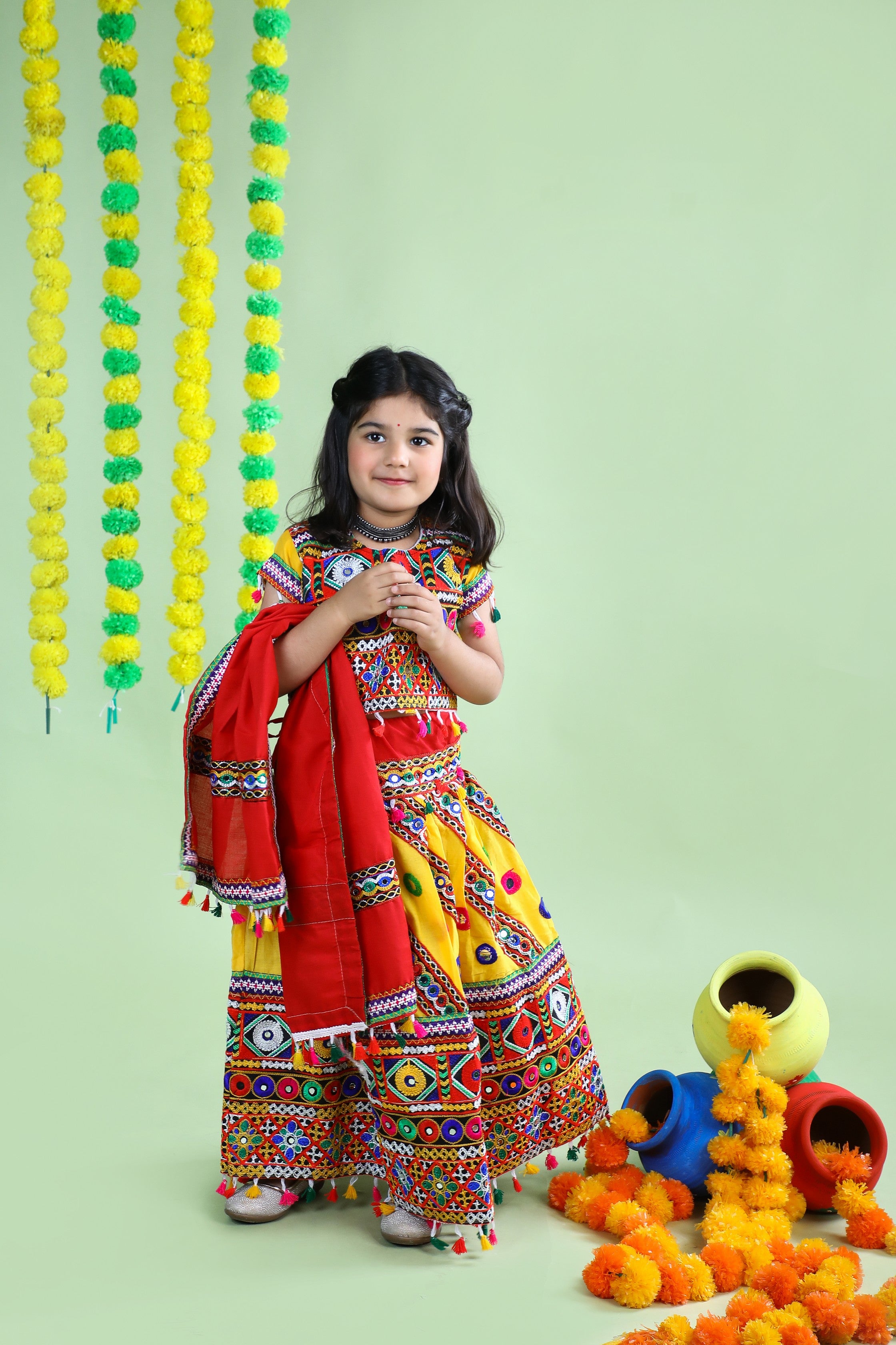 Banjara India Kutchi Emboidered Yellow Girls Chaniya Choli with Dupatta (CC-WAVE) - YELLOW