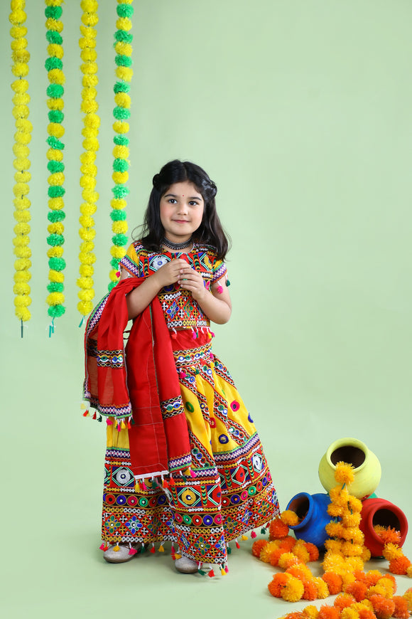 Banjara India Kutchi Emboidered Yellow Girls Chaniya Choli with Dupatta (CC-WAVE) - YELLOW