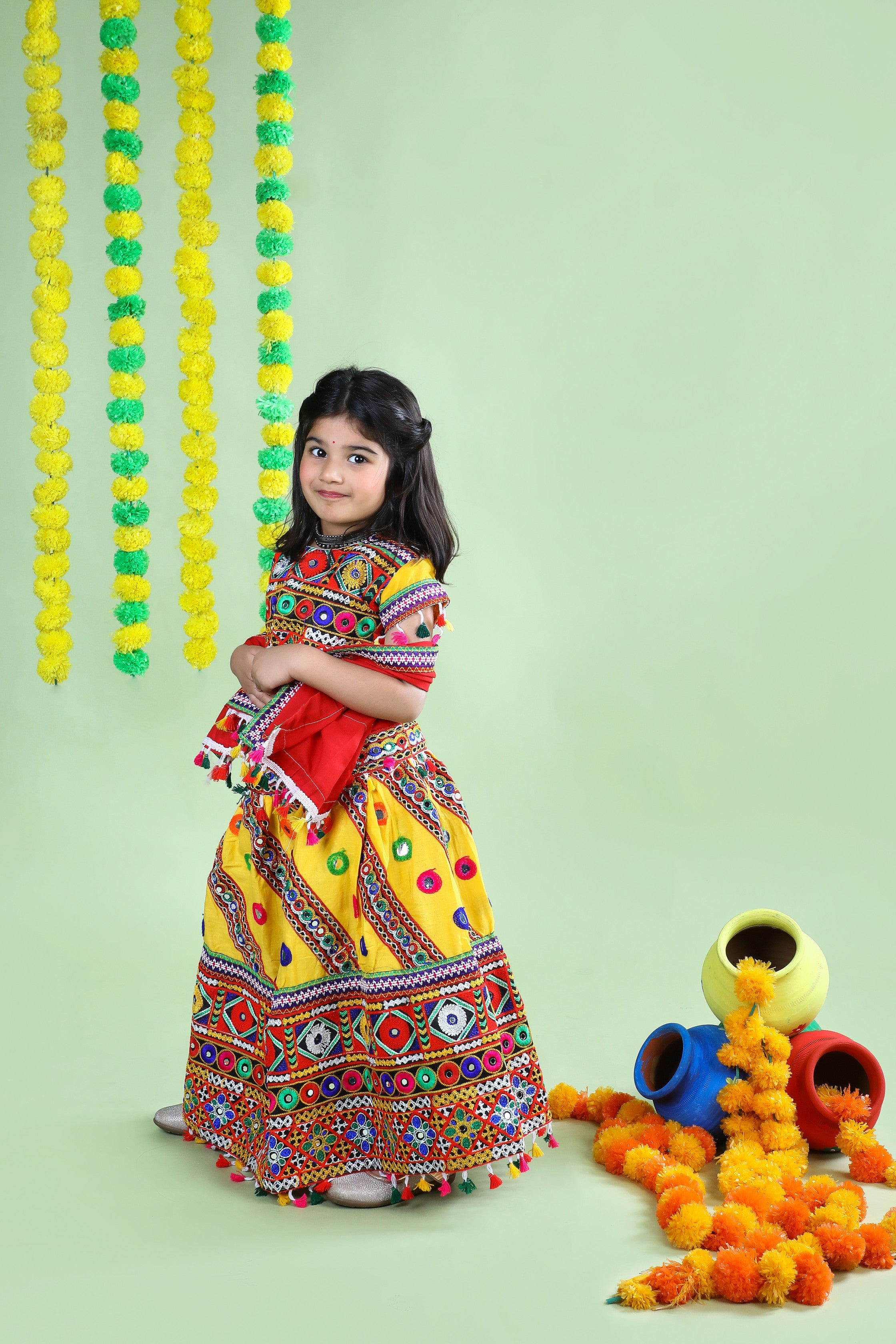 Banjara India Kutchi Emboidered Yellow Girls Chaniya Choli with Dupatta (CC-WAVE) - YELLOW