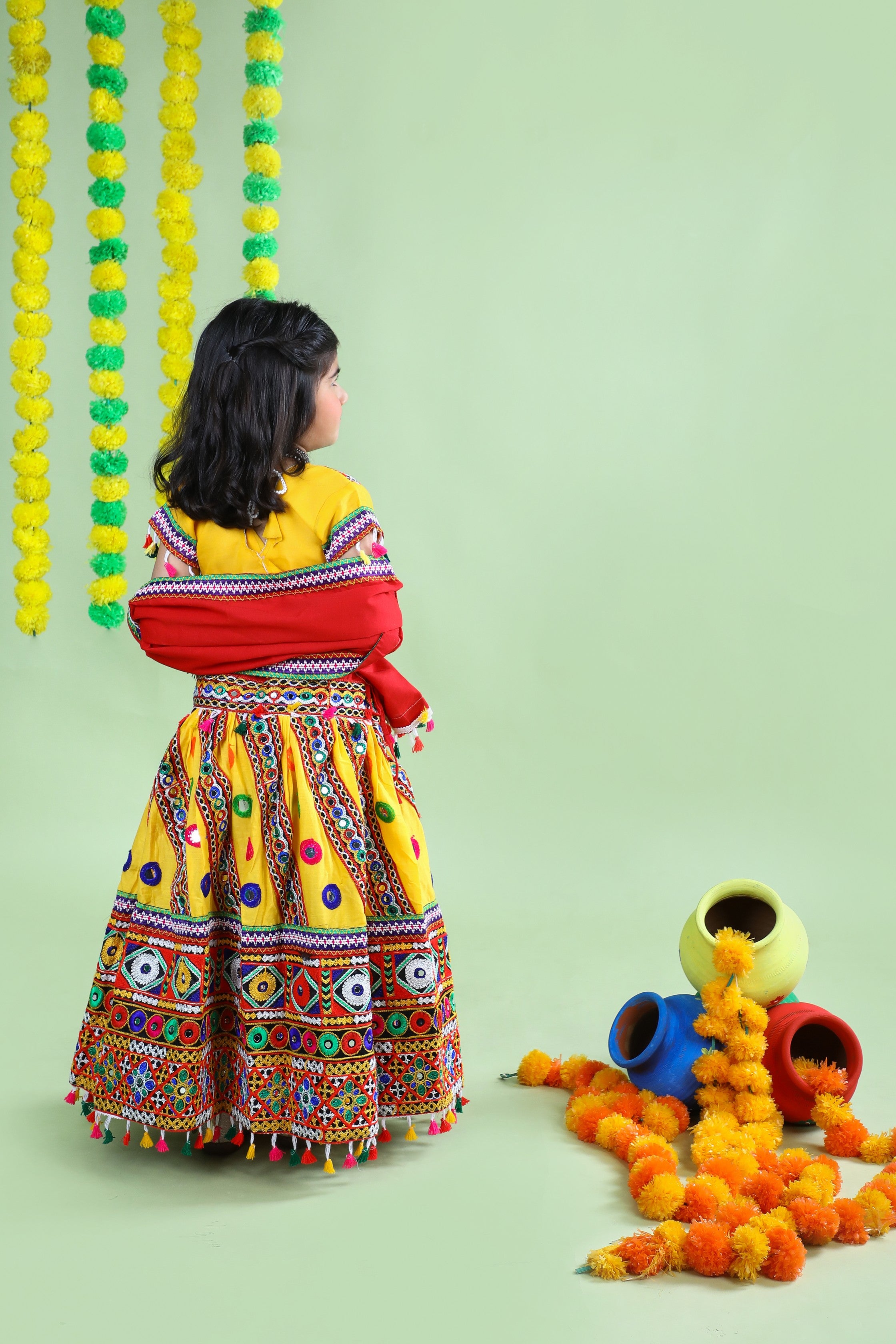 Banjara India Kutchi Emboidered Yellow Girls Chaniya Choli with Dupatta (CC-WAVE) - YELLOW