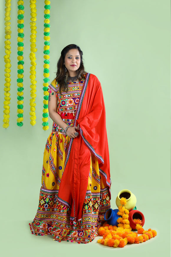 Banjara India Cotton Long Flair Aari Embroidery Kutch Work (Lehenga Choli) Chaniya Choli Set with Dupatta -(CC-WAVE-YELLOW)