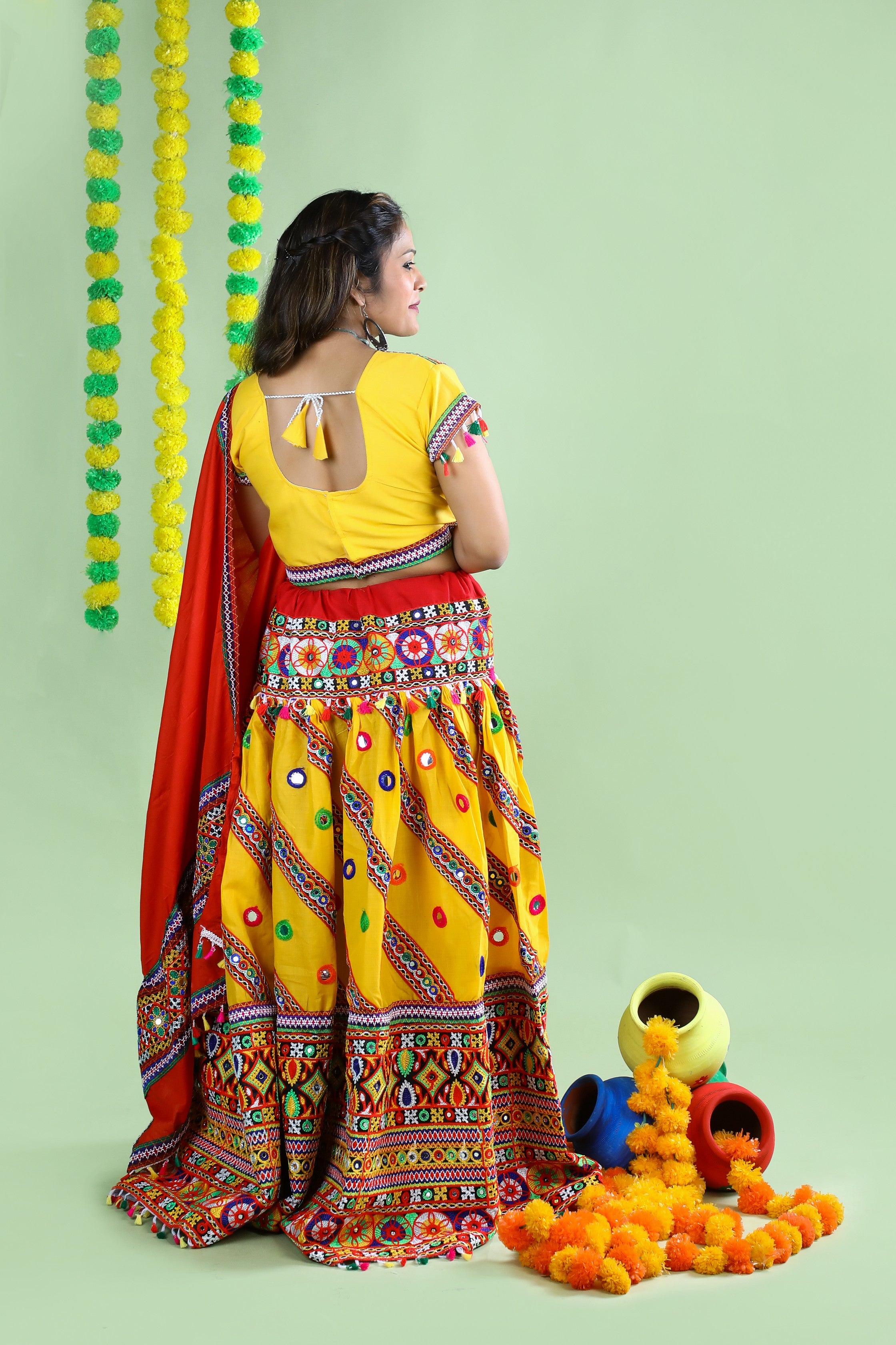 Mother-Daugther Combo Cotton Embroidered Lehenga Choli Set (WAVE- Combo) - Yellow