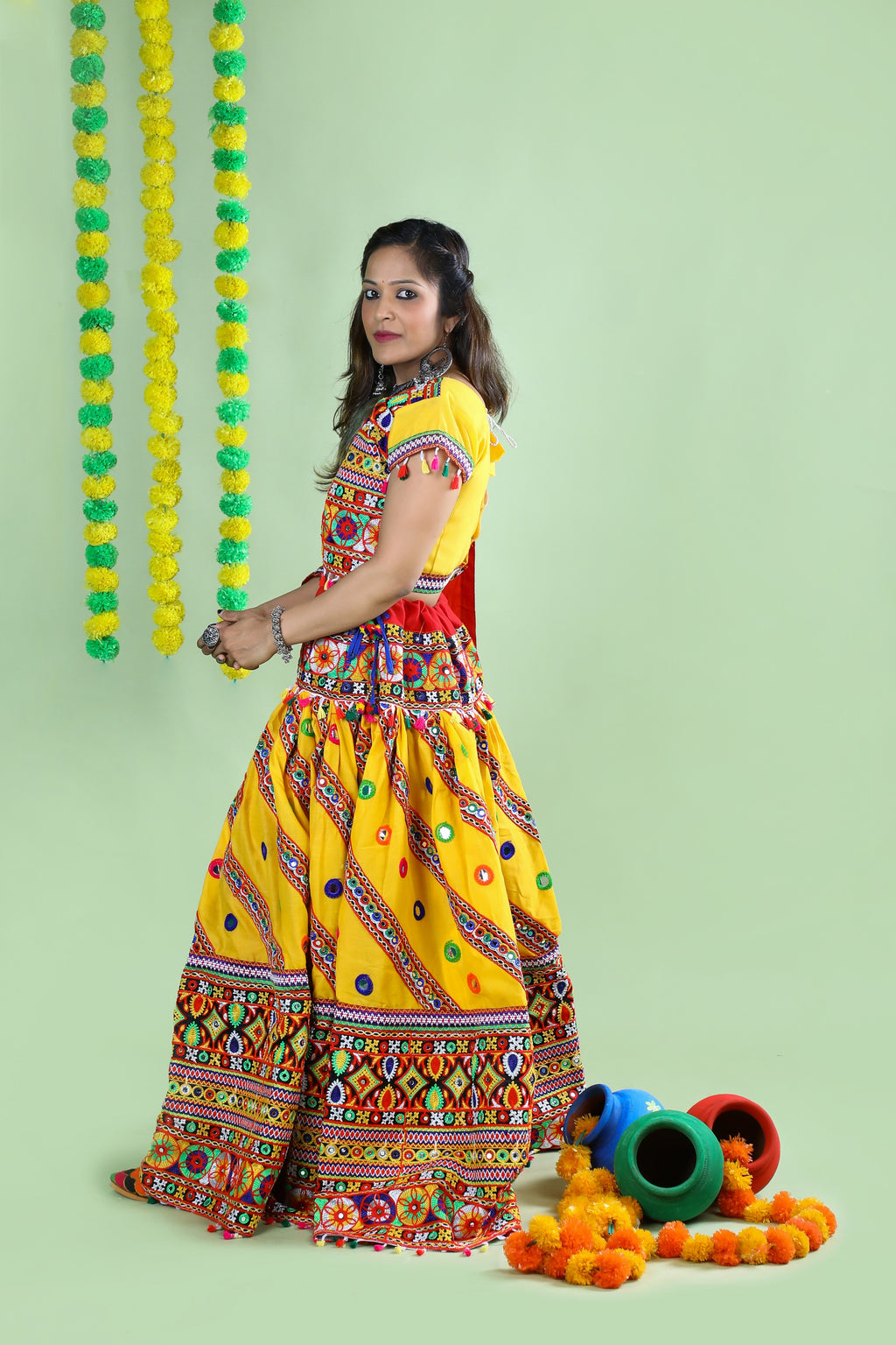 Banjara India Cotton Long Flair Aari Embroidery Kutch Work (Lehenga Choli) Chaniya Choli Set with Dupatta -(CC-WAVE-YELLOW)