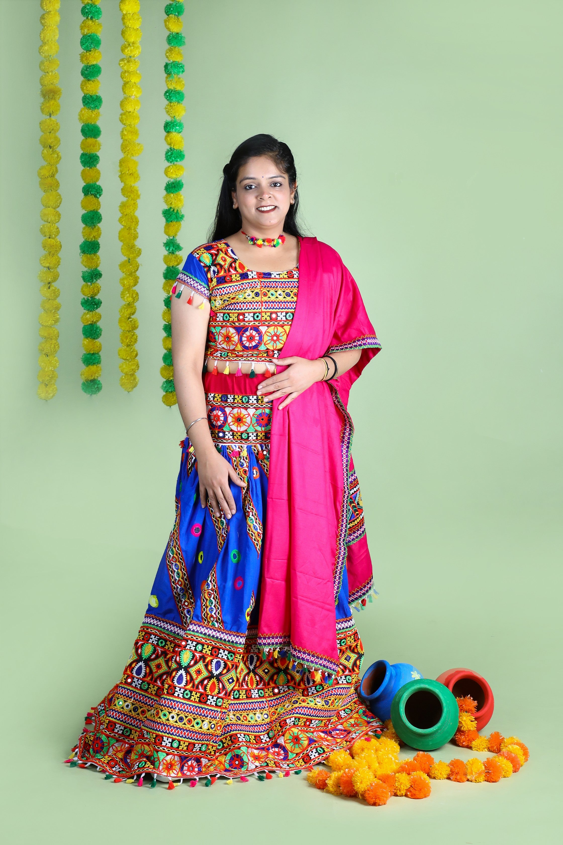 Banjara India Cotton Long Flair Aari Embroidery Kutch Work (Lehenga Choli) Chaniya Choli Set with Dupatta -(CC-WAVE-BLUE)