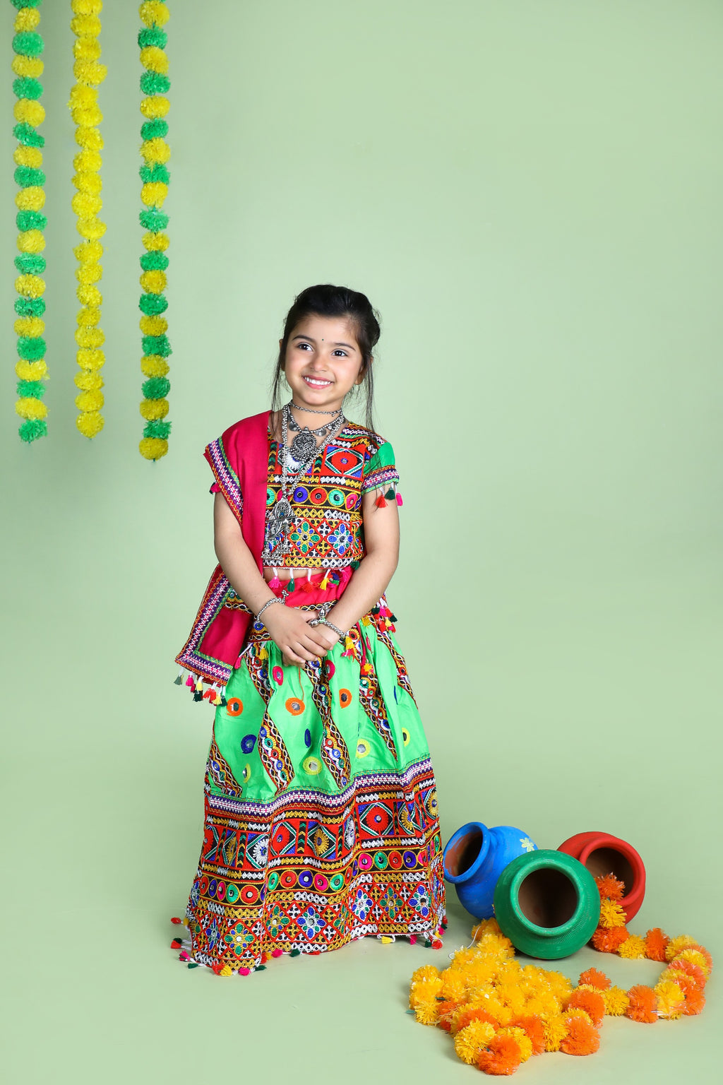 Mother-Daugther Combo Cotton Embroidered Lehenga Choli Set (WAVE- Combo) - Green