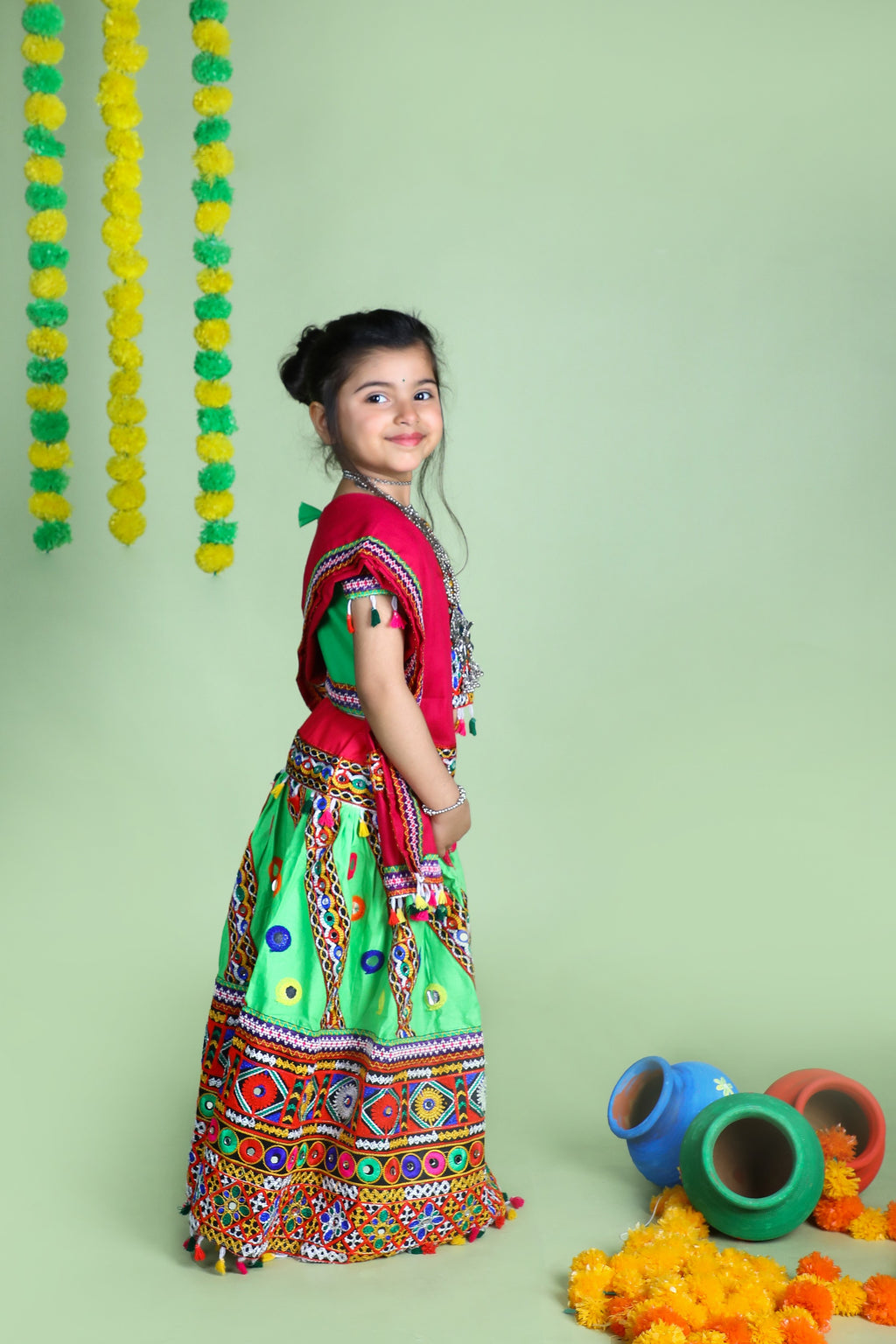 Mother-Daugther Combo Cotton Embroidered Lehenga Choli Set (WAVE- Combo) - Green