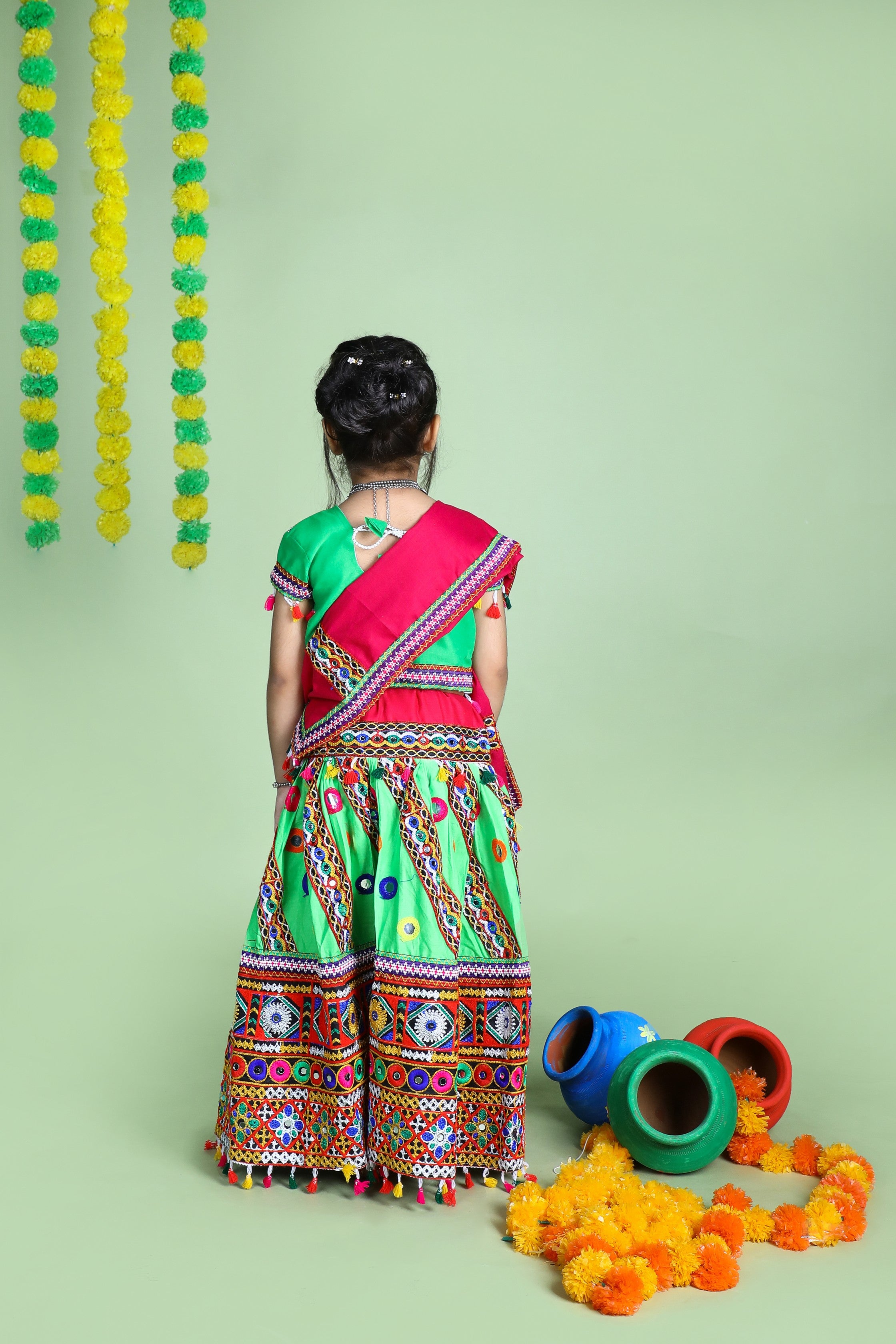 Banjara India Kutchi Emboidered Green Girls Chaniya Choli with Dupatta (CC-WAVE) - Green