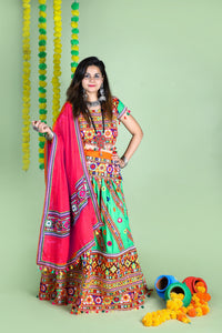 Banjara India Cotton Long Flair Aari Embroidery Kutch Work (Lehenga Choli) Chaniya Choli Set with Dupatta -(CC-WAVE-GREEN)