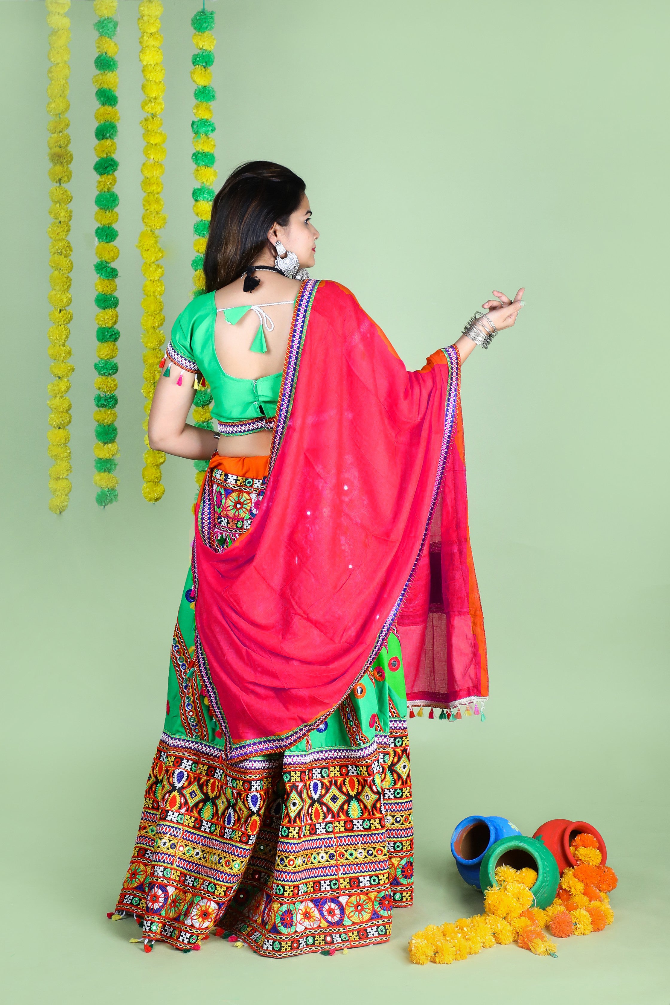 Mother-Daugther Combo Cotton Embroidered Lehenga Choli Set (WAVE- Combo) - Green
