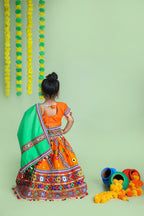 Banjara India Kutchi Emboidered Orange Girls Chaniya Choli with Dupatta (CC-WAVE) - ORANGE