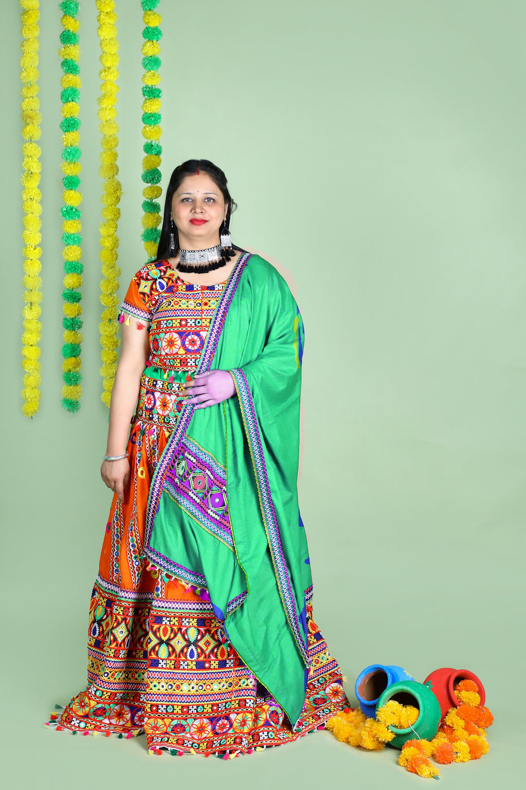Banjara India Cotton Long Flair Aari Embroidery Kutch Work (Lehenga Choli) Chaniya Choli Set with Dupatta -(CC-WAVE-ORANGE)
