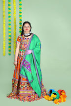 Banjara India Cotton Long Flair Aari Embroidery Kutch Work (Lehenga Choli) Chaniya Choli Set with Dupatta -(CC-WAVE-ORANGE)
