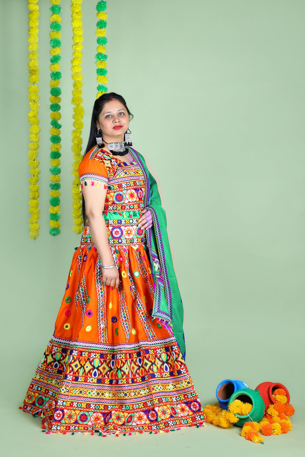 Mother-Daugther Combo Cotton Embroidered Lehenga Choli Set (WAVE- Combo) - Orange
