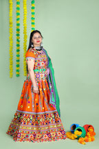 Mother-Daugther Combo Cotton Embroidered Lehenga Choli Set (WAVE- Combo) - Orange