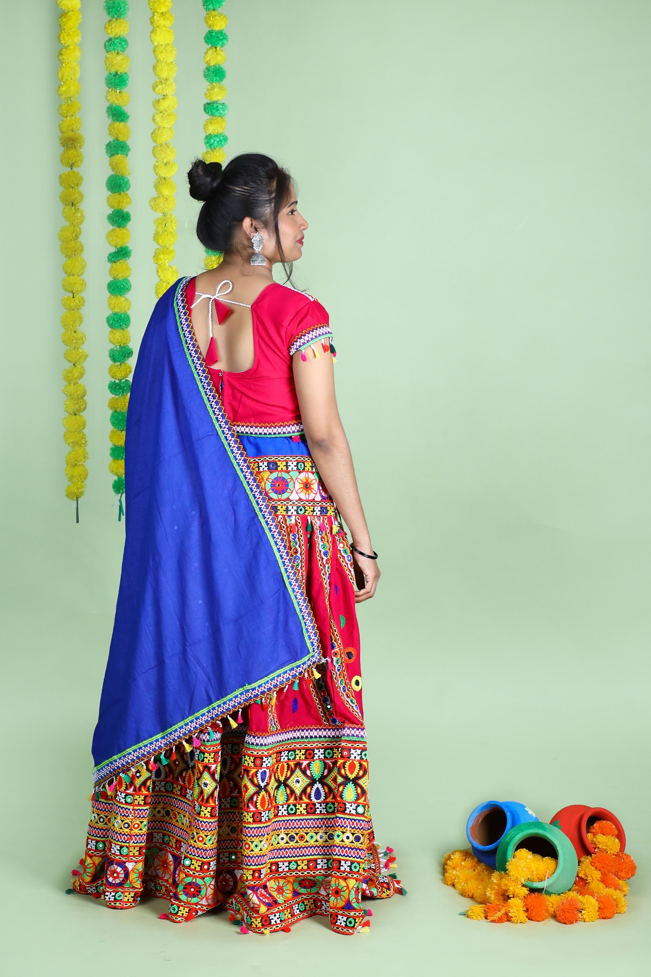 Banjara India Cotton Long Flair Aari Embroidery Kutch Work (Lehenga Choli) Chaniya Choli Set with Dupatta -(CC-WAVE-PINK)