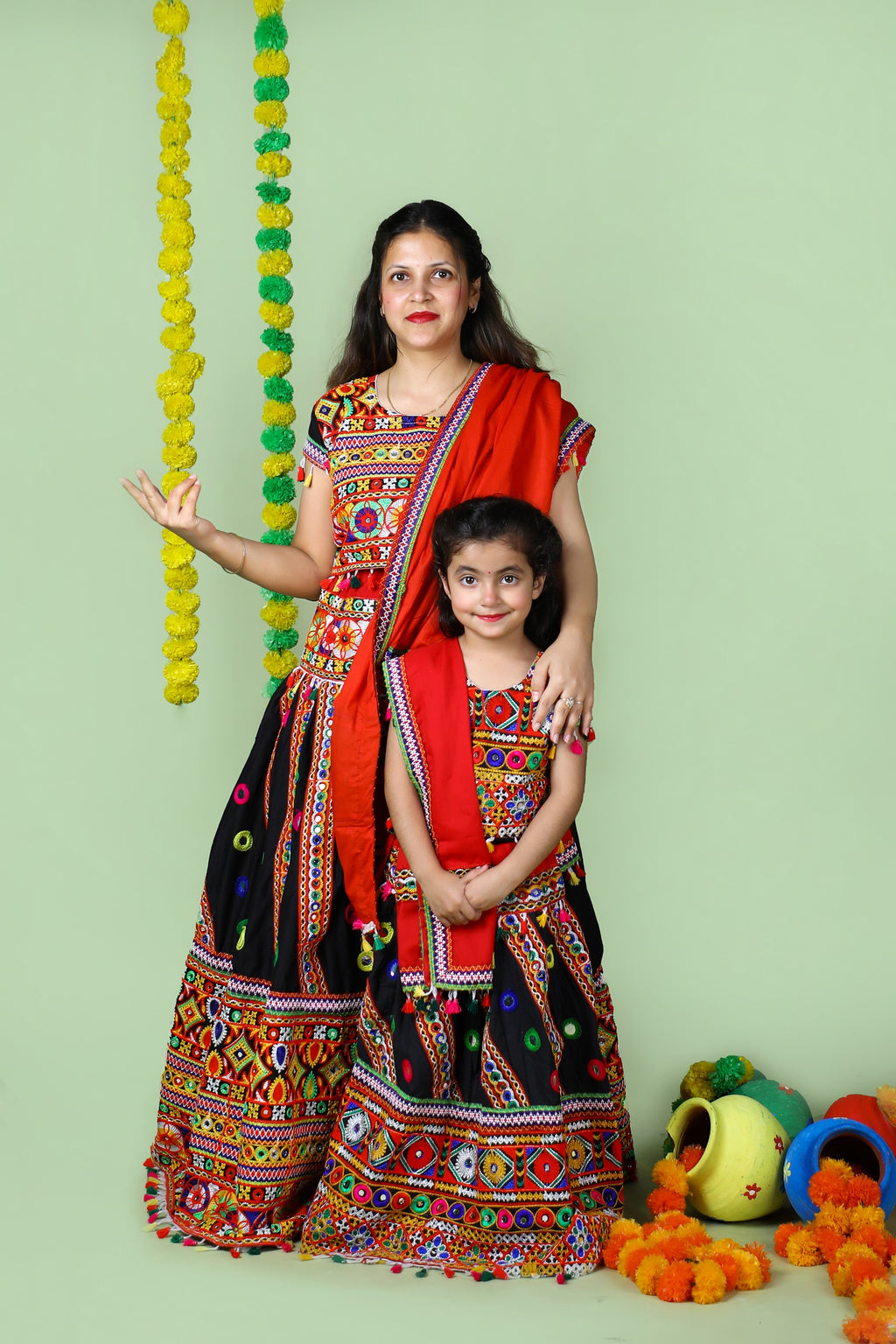 Mother-Daugther Combo Cotton Embroidered Lehenga Choli Set (WAVE- Combo) - Black