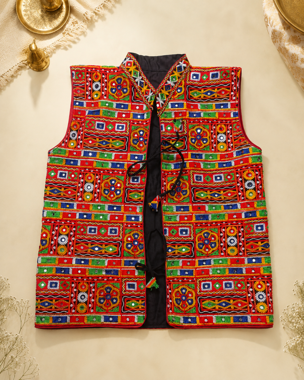 Banjara India Multicolor Kutchi Embroidered Ethnic Jacket for Men | Mirror Work Nehru Jacket | Festive & Navratri Wear (Men-Koti-04)